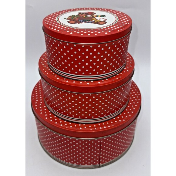 Vintage Decorative Christmas Teddy BearNesting Tins Canisters Set of 3 1980s - Picture 3 of 16